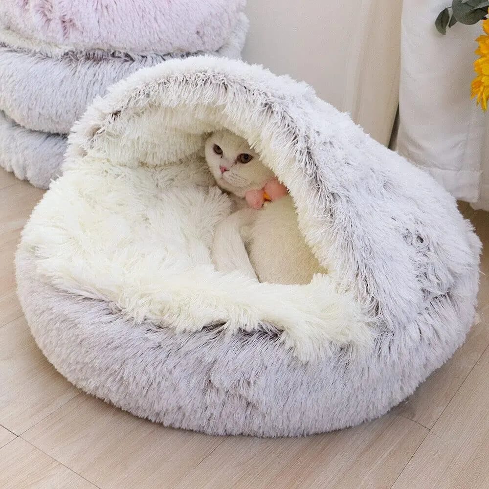 Soft Plush Round Cat Bed Pet Mattress Warm Comfortable Basket Cat Dog 2 in 1 Sleeping Bag Nest for Small Dogs Happy Tails