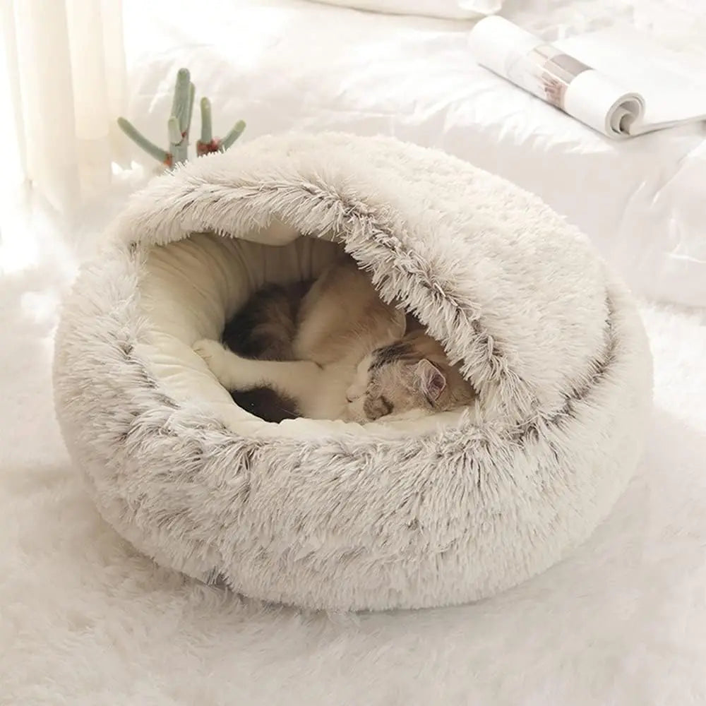 Soft Plush Round Cat Bed Pet Mattress Warm Comfortable Basket Cat Dog 2 in 1 Sleeping Bag Nest for Small Dogs Happy Tails