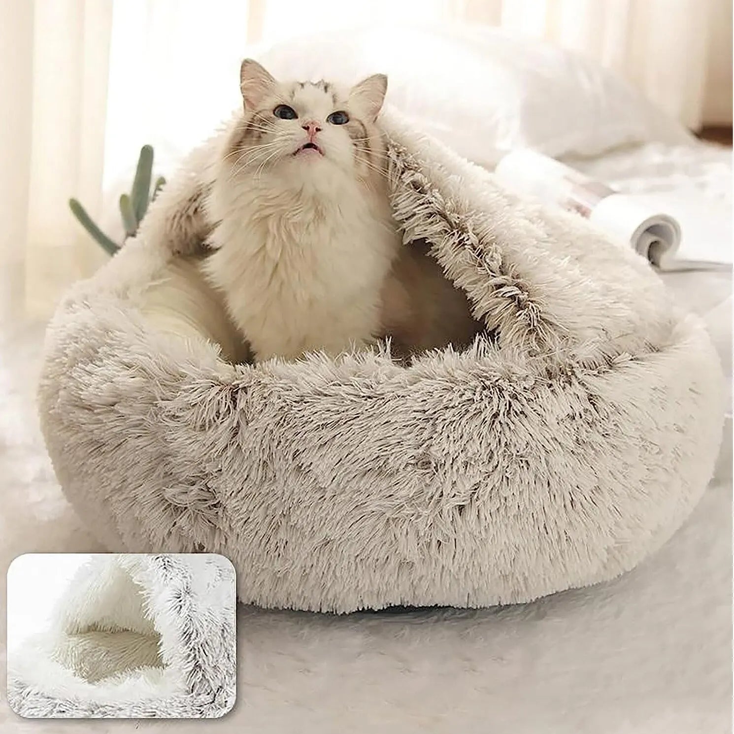 Soft Plush Round Cat Bed Pet Mattress Warm Comfortable Basket Cat Dog 2 in 1 Sleeping Bag Nest for Small Dogs Happy Tails