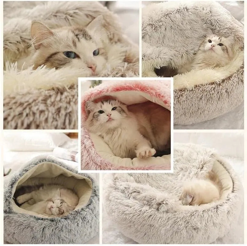 Soft Plush Round Cat Bed Pet Mattress Warm Comfortable Basket Cat Dog 2 in 1 Sleeping Bag Nest for Small Dogs Happy Tails